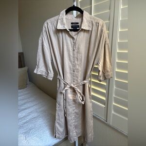 TAHARI Linen Dress Cottagecore Prairie Boho Button Down Shirtdress Beige Size L